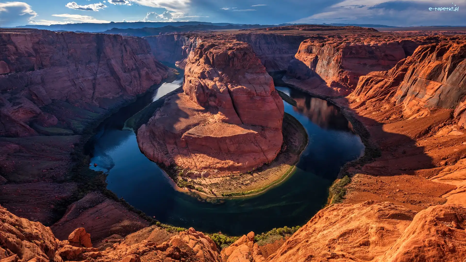 Horseshoe Bend, Kolorado River, Skały, Kanion, Park Narodowy Glen Canyon, Stany Zjednoczone, Arizona, Rzeka, Zachód słońca