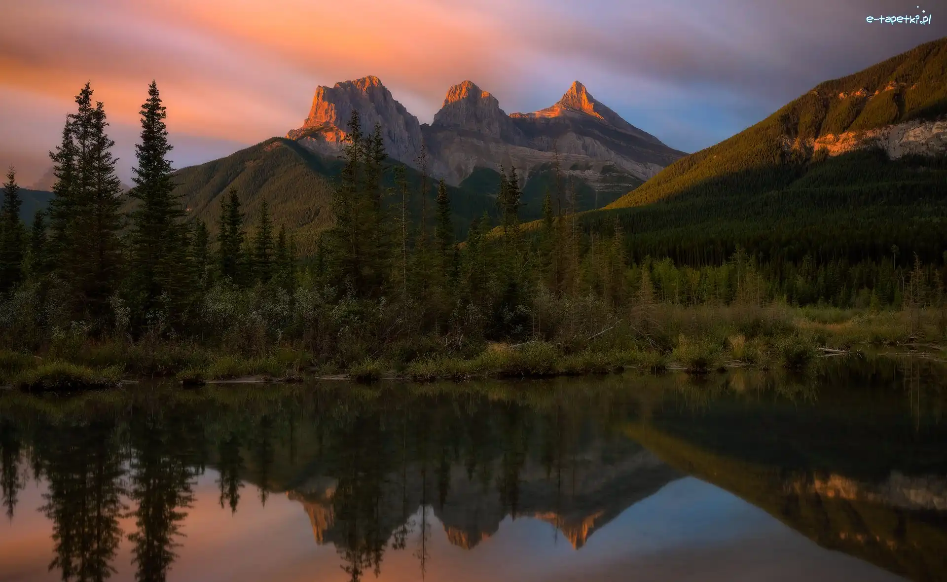 Canadian Rockies, Canmore, Alberta, Policeman Creek, Drzewa, Krzewy, Góry, Las, Rzeka, Odbicie, Góra Three Sisters, Kanada