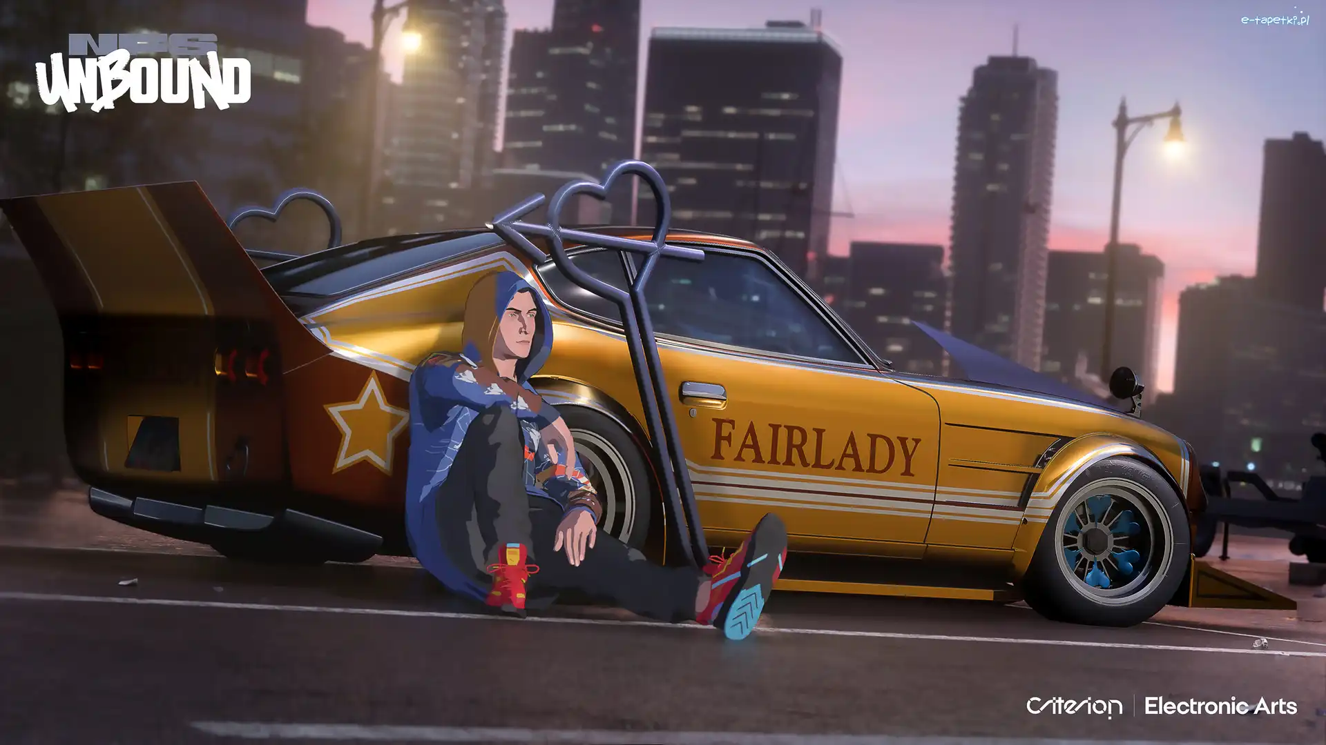 Kaptur, Postać, Plakat, Wieżowce, Mężczyzna, Samochód, Sportowy, Need for Speed Unbound