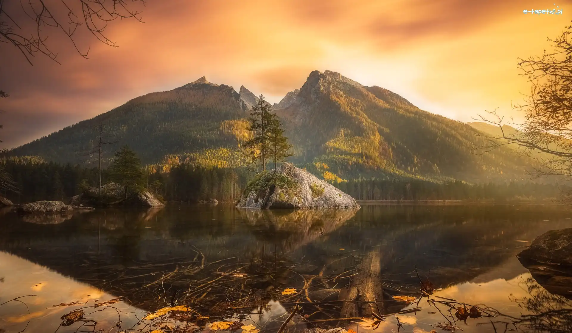 Niemcy, Drzewa, Góry Alpy, Skały, Jezioro Hintersee, Bawaria, Zachód słońca