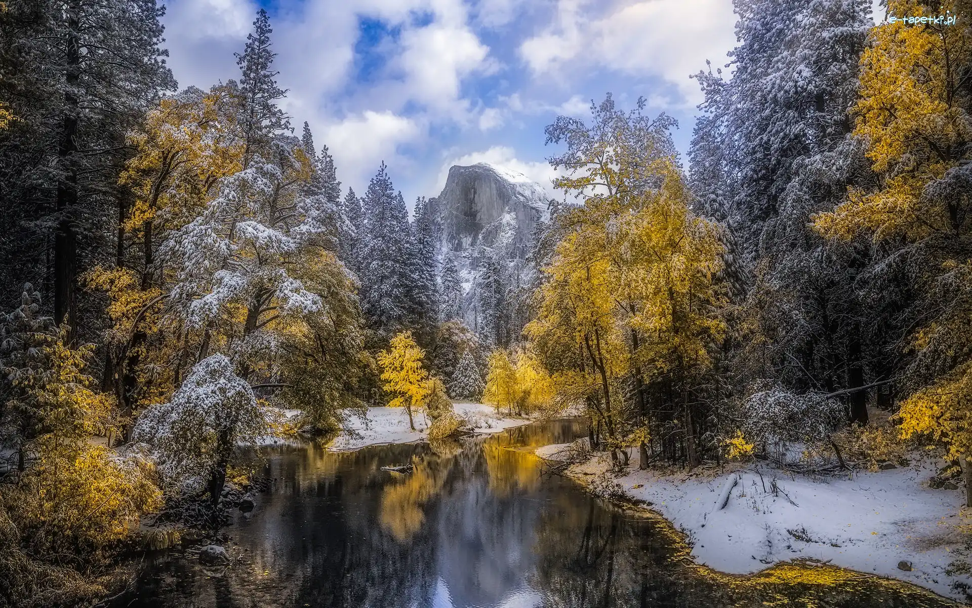 Zima, Góra, Stany Zjednoczone, Chmury, Rzeka, Merced River, Drzewa, Park Narodowy Yosemite, Half Dome, Kalifornia