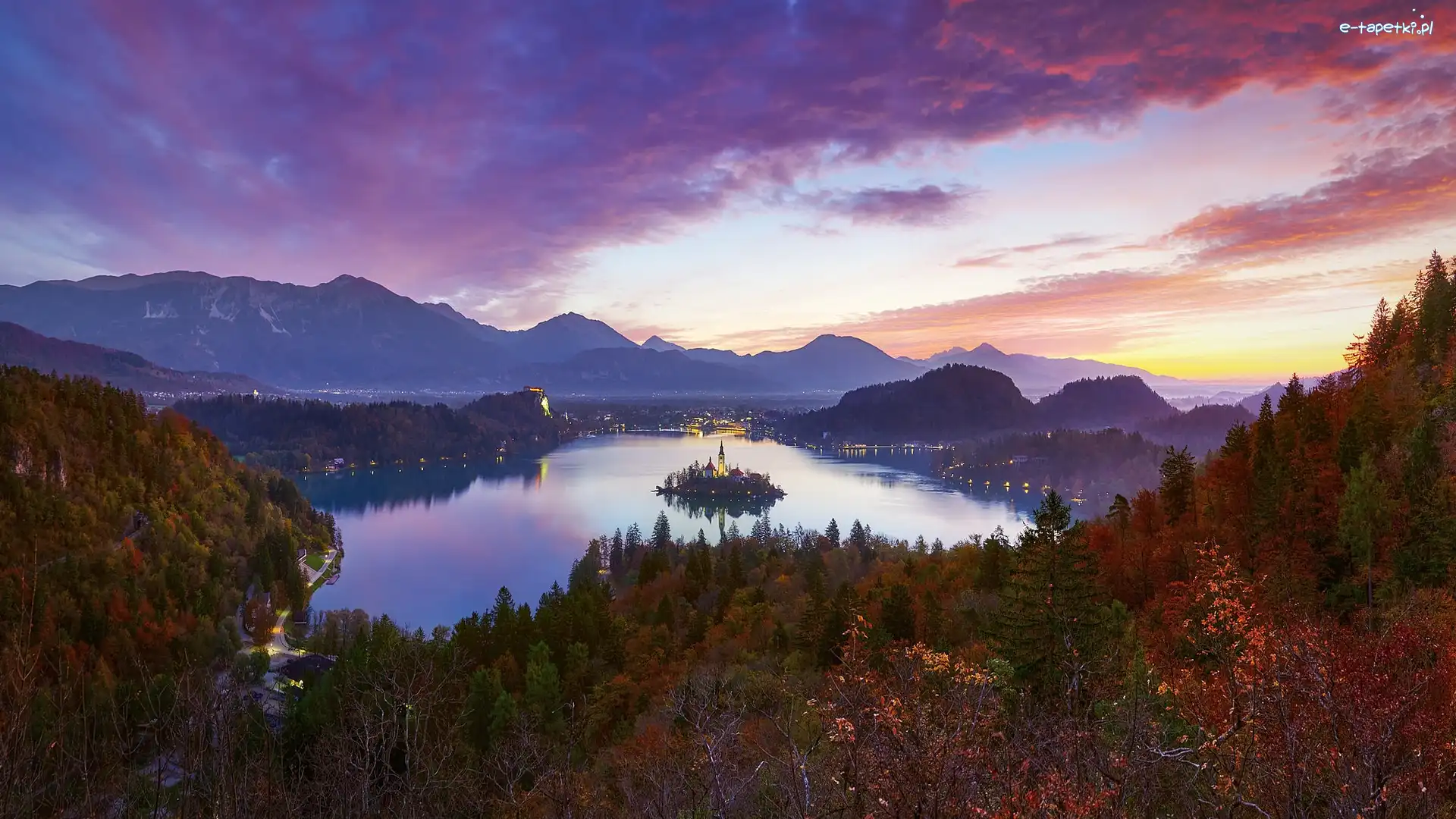 Góry, Jezioro Bled, Kościół, Drzewa, Wyspa Blejski Otok, Słowenia