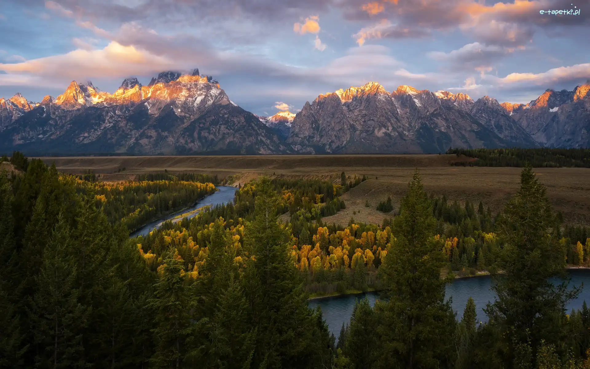 Park Narodowy Grand Teton, Teton Range, Stany Zjednoczone, Chmury, Snake River, Drzewa, Jesień, Góry, Rzeka, Wyoming