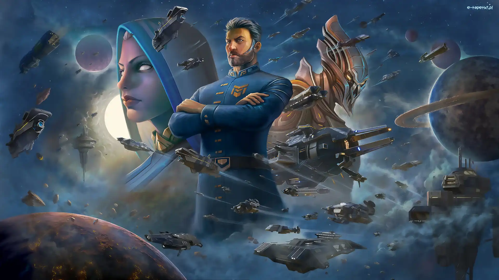 Kosmos, Postacie, Plakat, Robot, Kaptur, Mężczyzna, Mundur, Sins of a Solar Empire 2, Kobieta, Statki kosmiczne