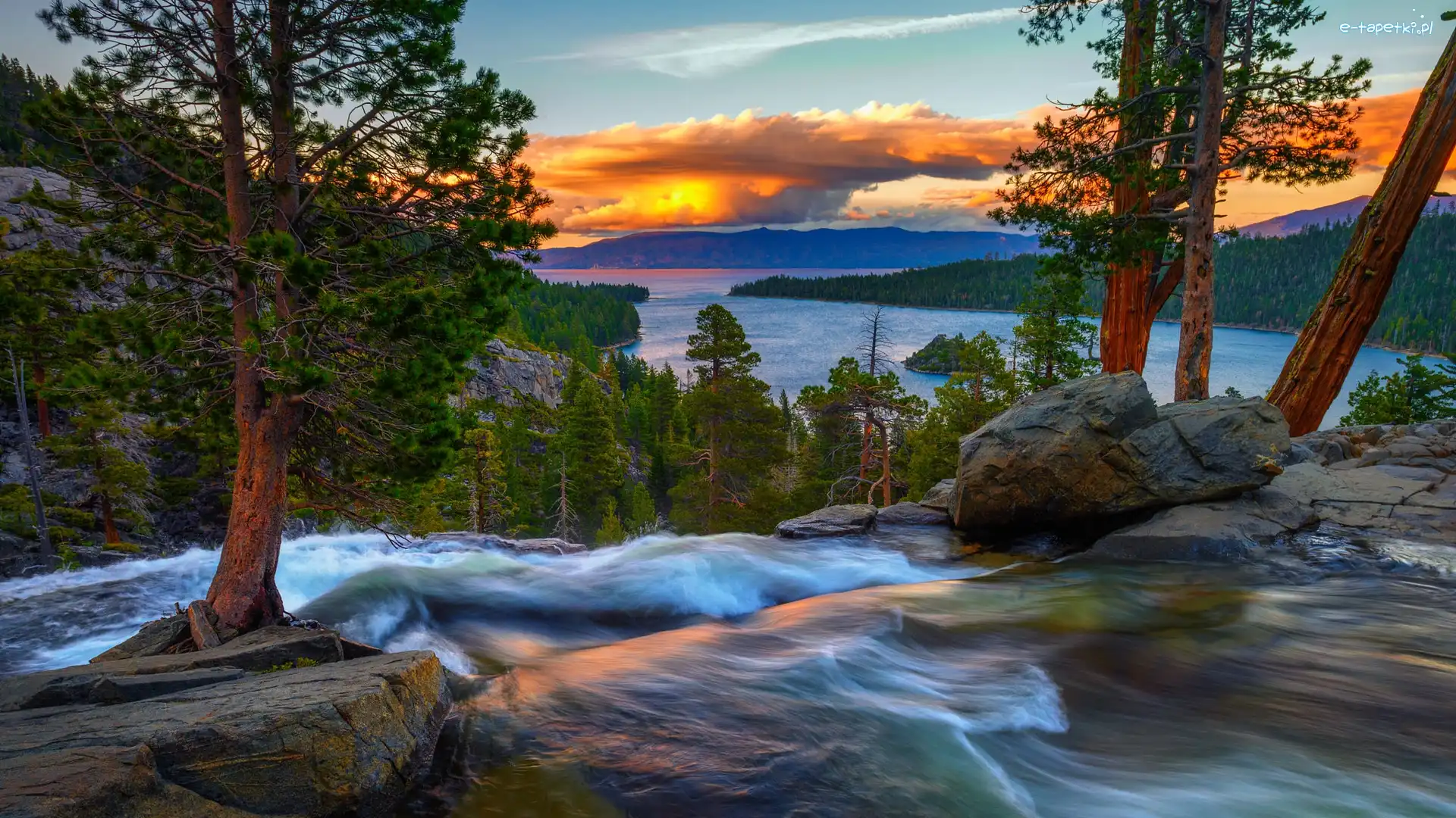 Początek, Kalifornia, Lower Eagle Falls, Drzewa, Tahoe Lake, Zachód słońca, Skały, Stany Zjednoczone, Jezioro, Wodospadu