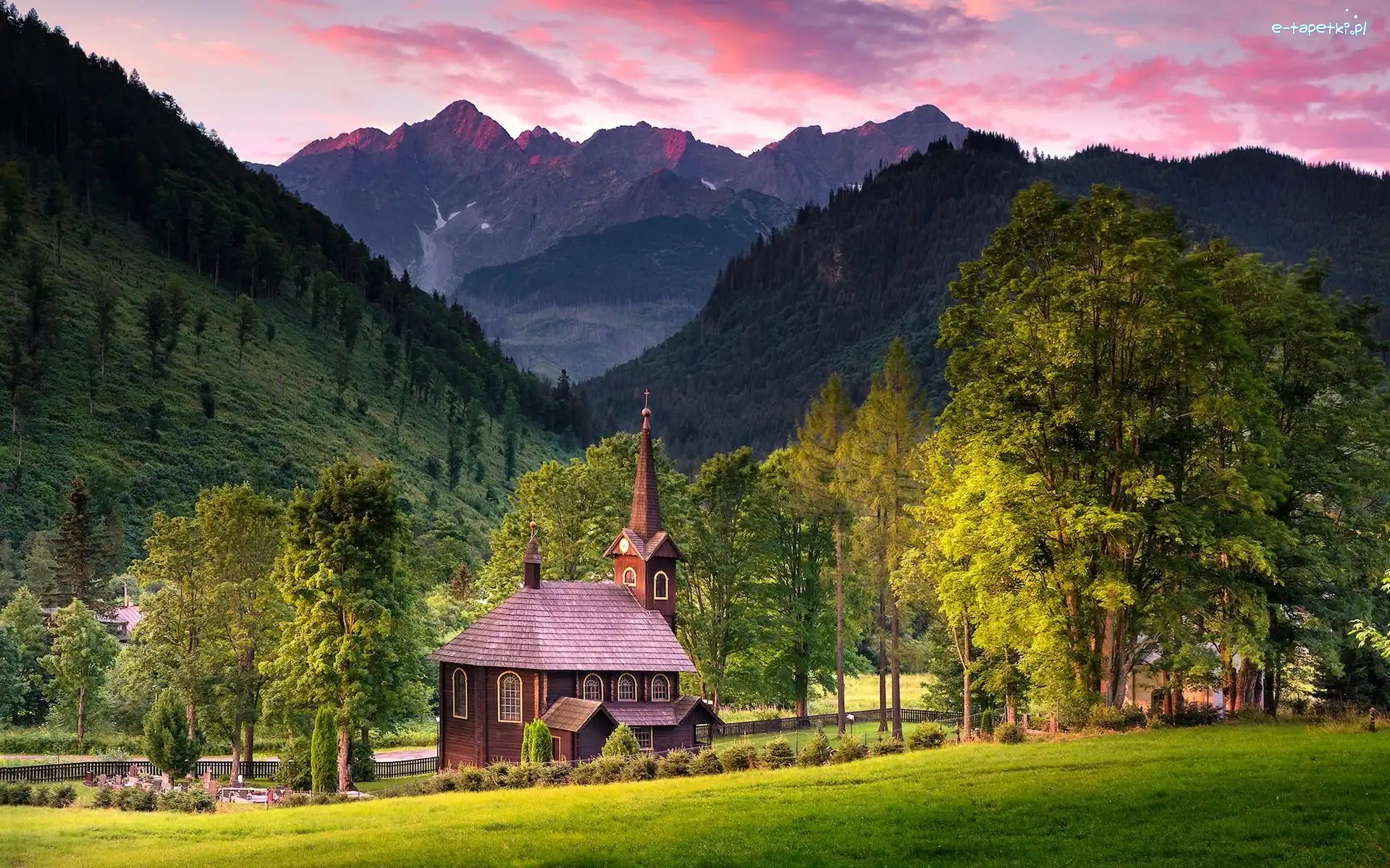 Drzewa, Góry, Tatry, Tatrzańska Jaworzyna, Słowacja, Zielone, Kościół św Anny