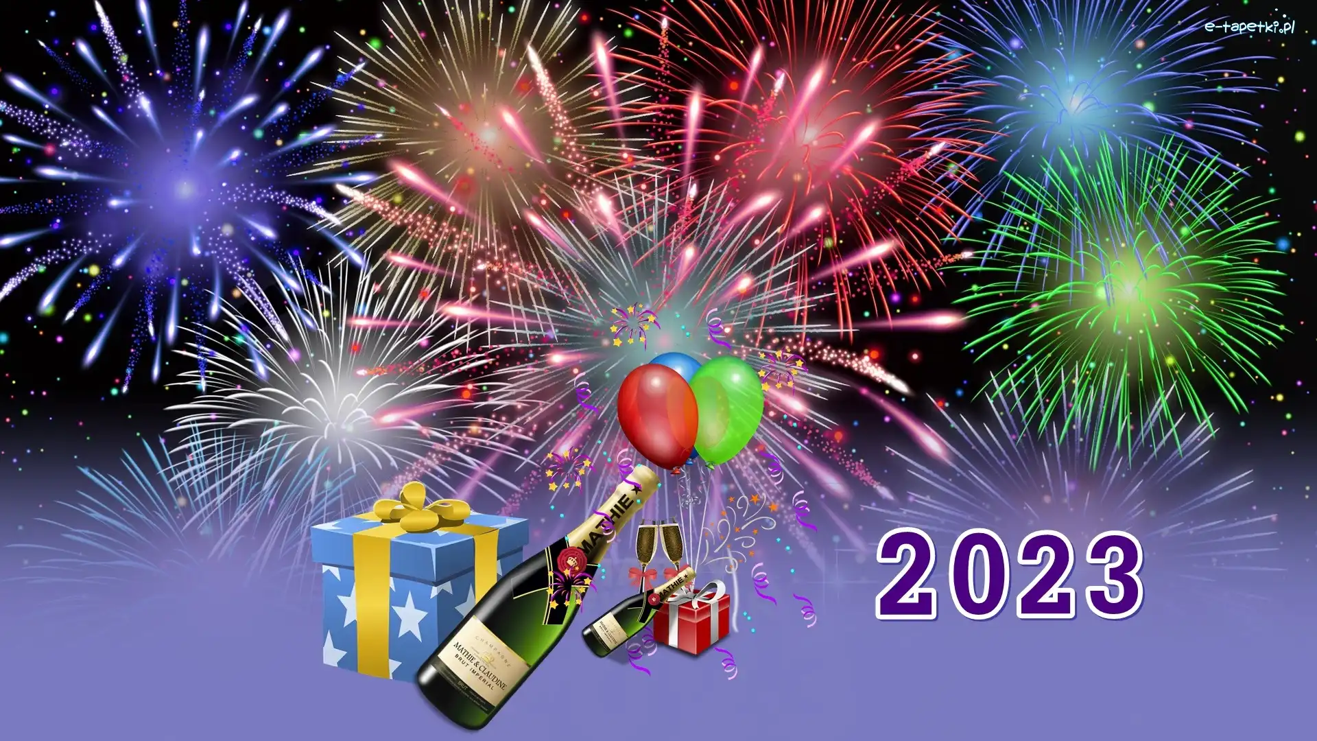 Szampan, 2023, Fajerwerki, Balony, Nowy Rok, Grafika