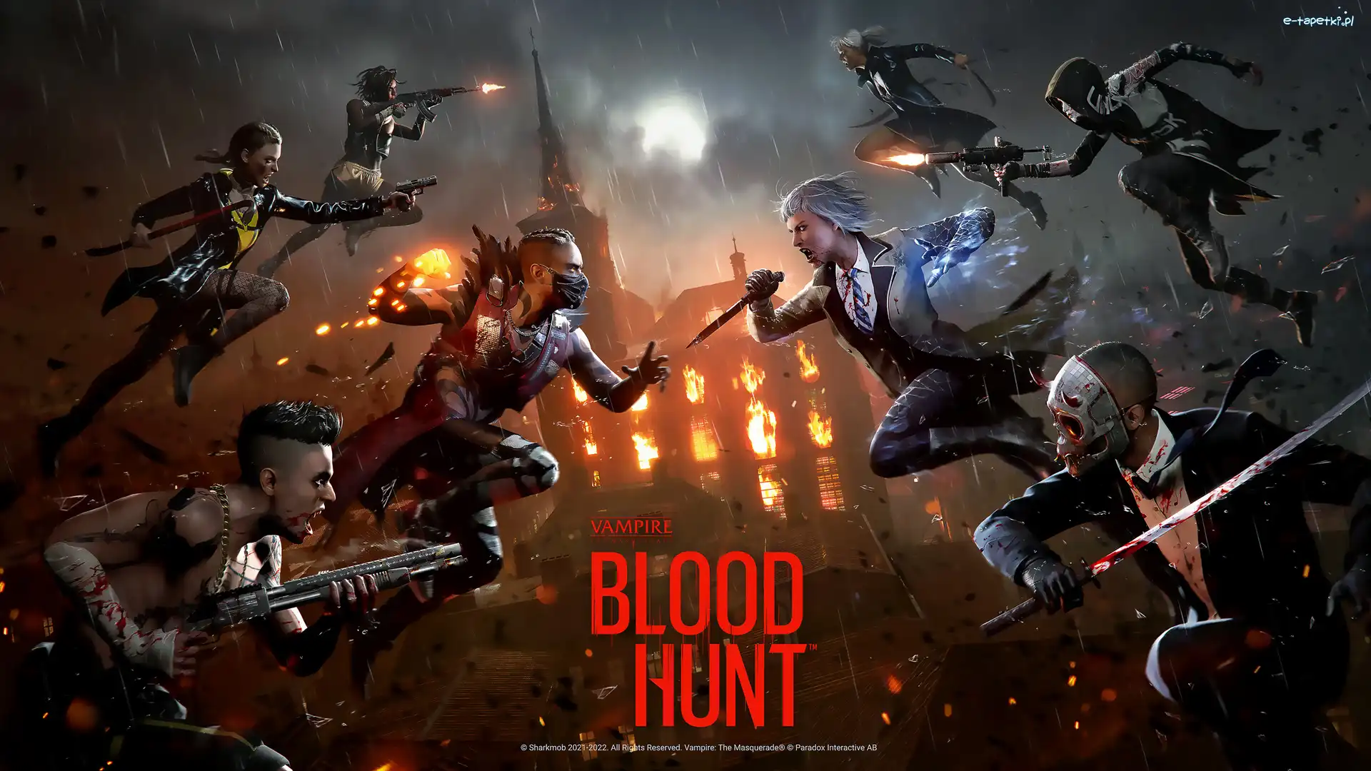 Płonący, Vampire The Masquerade Bloodhunt, Plakat, Deszcz, Walka, Noc, Księżyc, Gra, Postacie, Zamek