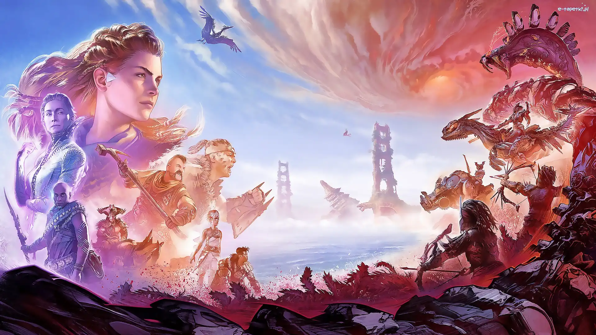 Plakat, Wojownicy, Walka, Horizon Forbidden West, Gra, Cyklon, Smoki