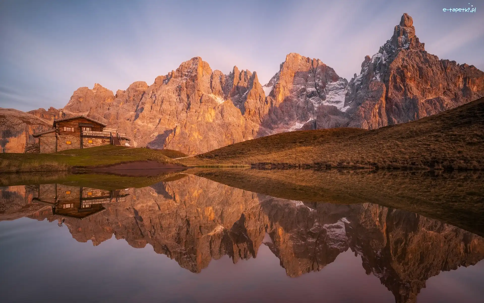 Jezioro, Dolomity, Cimon della Pala, Szczyt, Włochy, Odbicie, Schronisko Baita Segantini, Góry, Dom