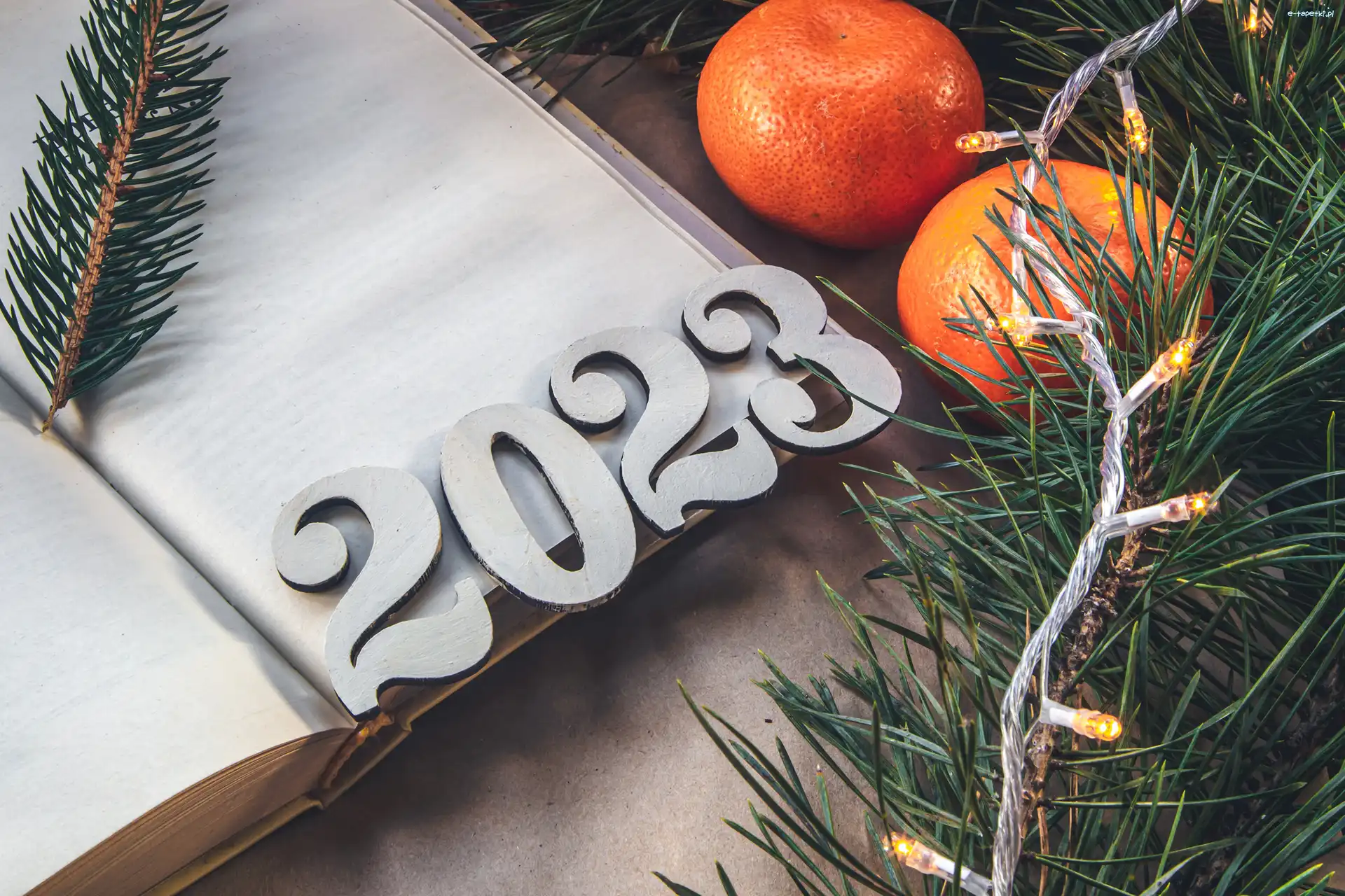 Owoce, Światełka, 2023, Cyfry, Nowy Rok, Książka, Gałązki, Girlanda, Mandarynki