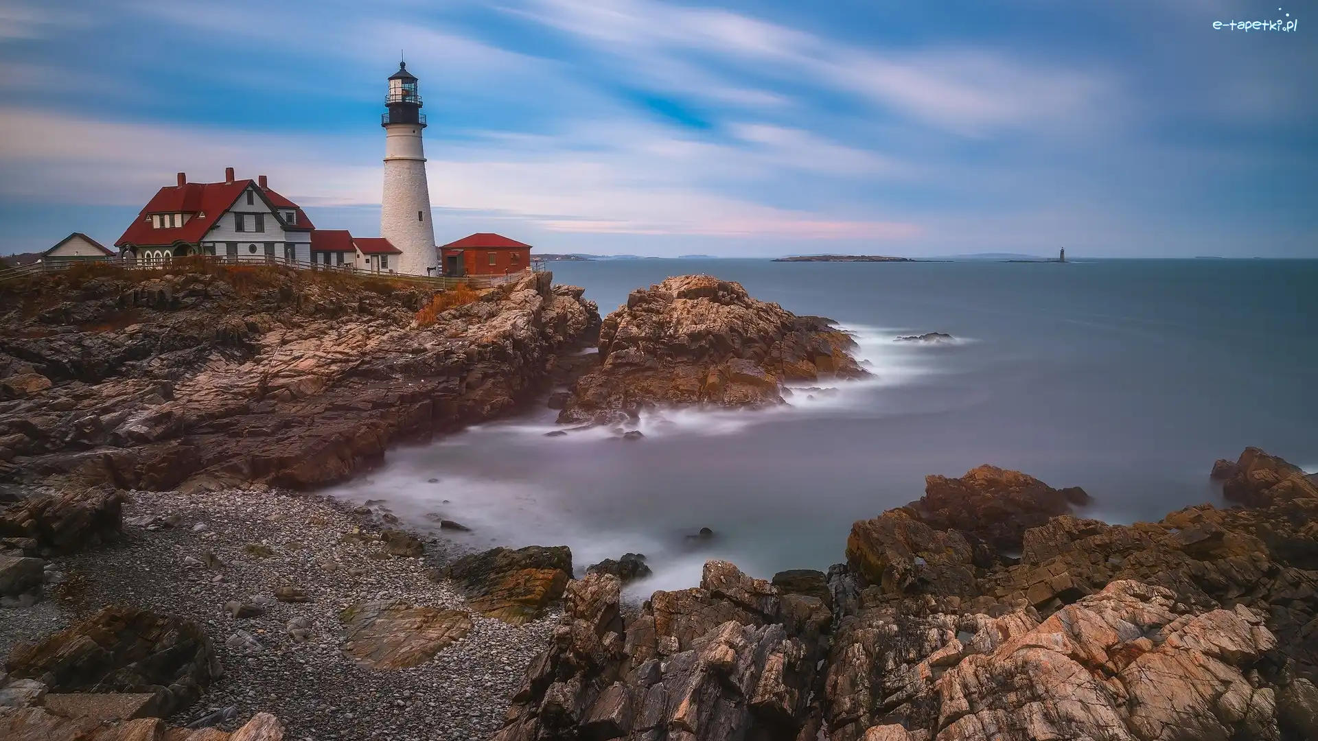 Stany Zjednoczone, Skały, Morze, Domy, Latarnia morska Portland Head, Maine, Cape Elizabeth