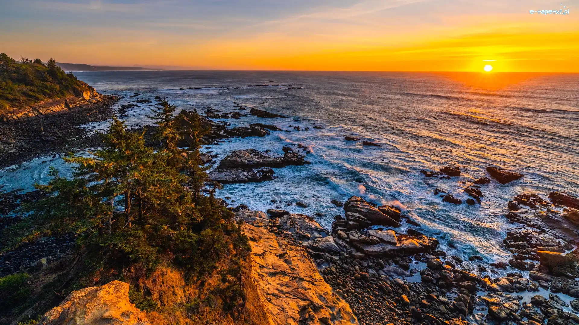 Skały, Park stanowy Cape Arago, Morze, Zachód słońca, Oregon, Stany Zjednoczone