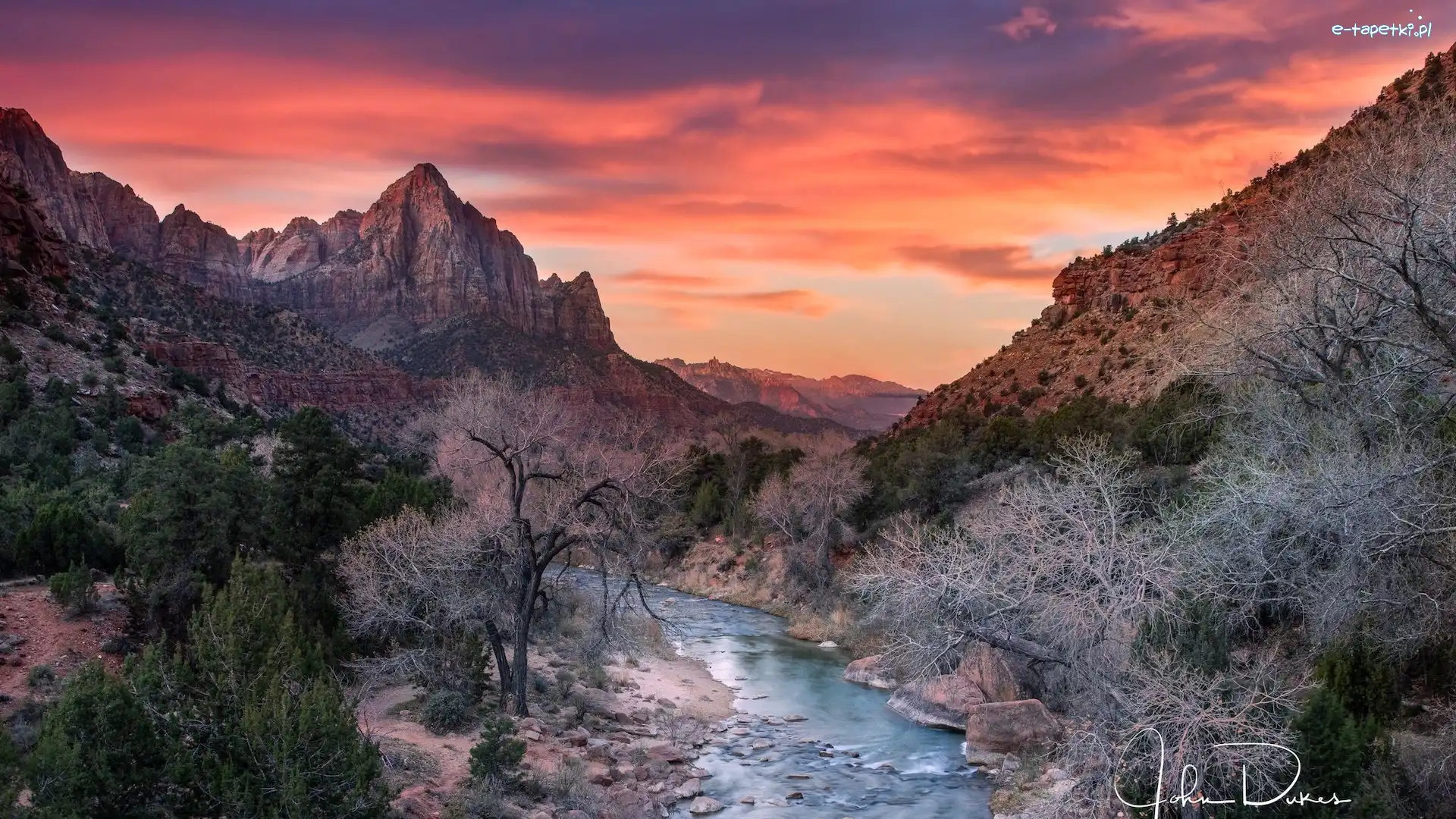 Jesień, Drzewa, Rzeka Virgin River, Góry Watchman, Park Narodowy Zion, Stany Zjednoczone, Stan Utah, Kamienie, Zachód słońca