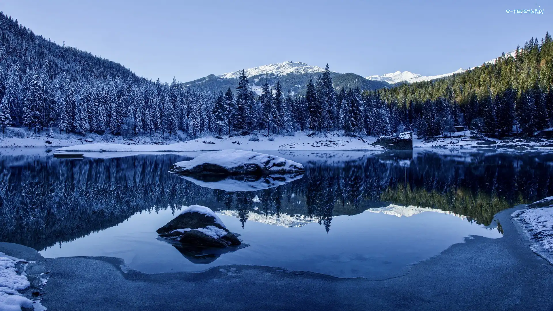 Góry, Las, Drzewa, Szwajcaria, Jezioro Caumasee, Zima