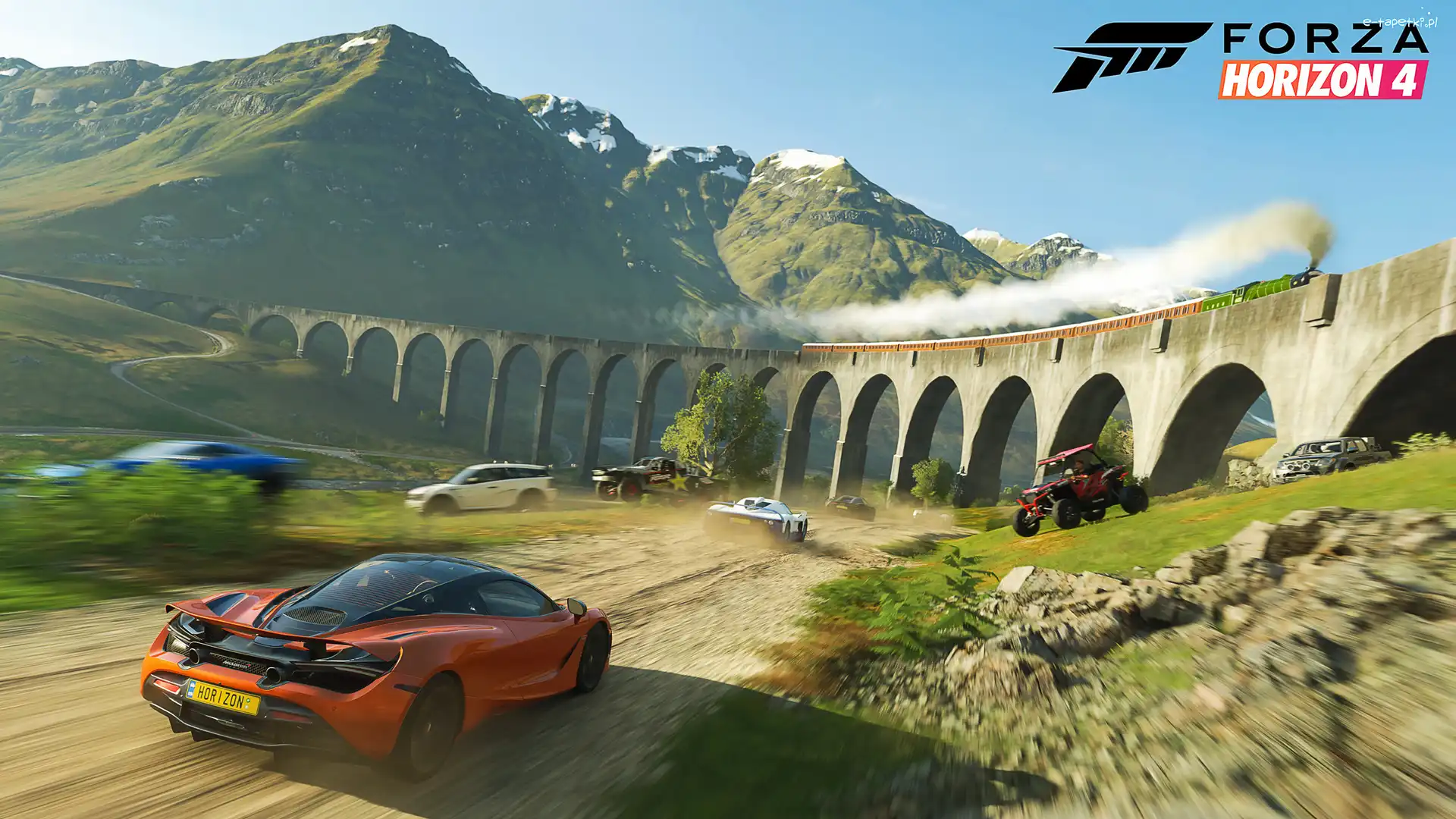 Pociąg, McLaren, Pomarańczowy, Forza Horizon 4, Gra, Wiadukt, Góry