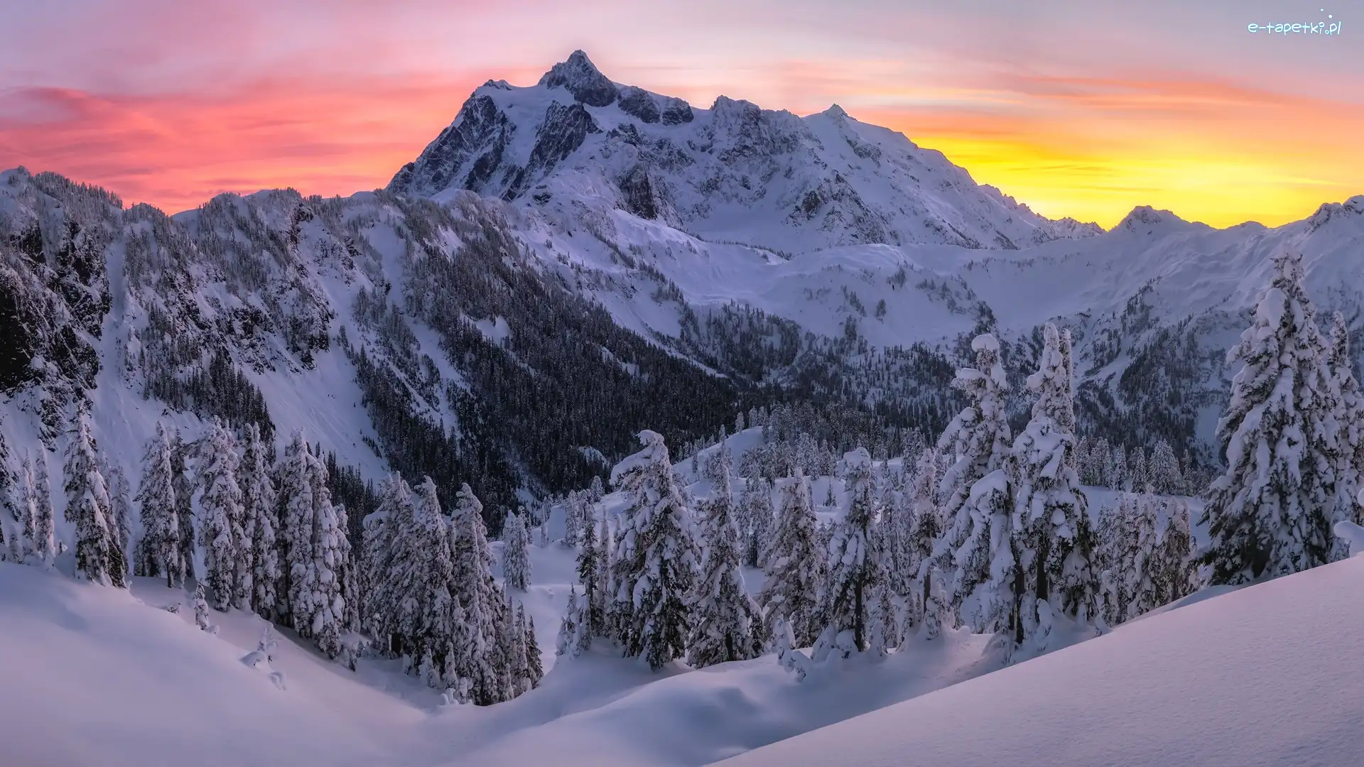Drzewa, Zima, Zachód słońca, Góra, Stany Zjednoczone, Mount Shuksan, Ośnieżone, Stan Waszyngton, Las, Góry, Park Narodowy Północnych Gór Kaskadowych