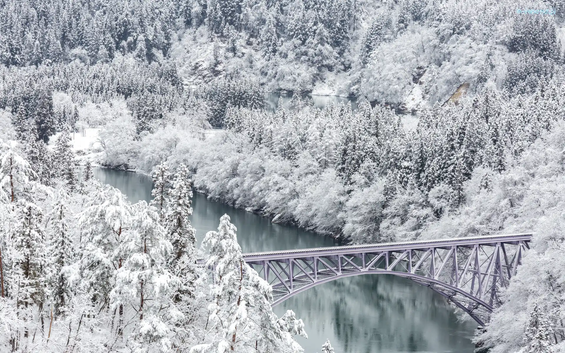 Most, Zima, Tadami River Bridge, Las, Japonia, Drzewa, Tadami River, Fukushima, Rzeka, Śnieg, Mishima