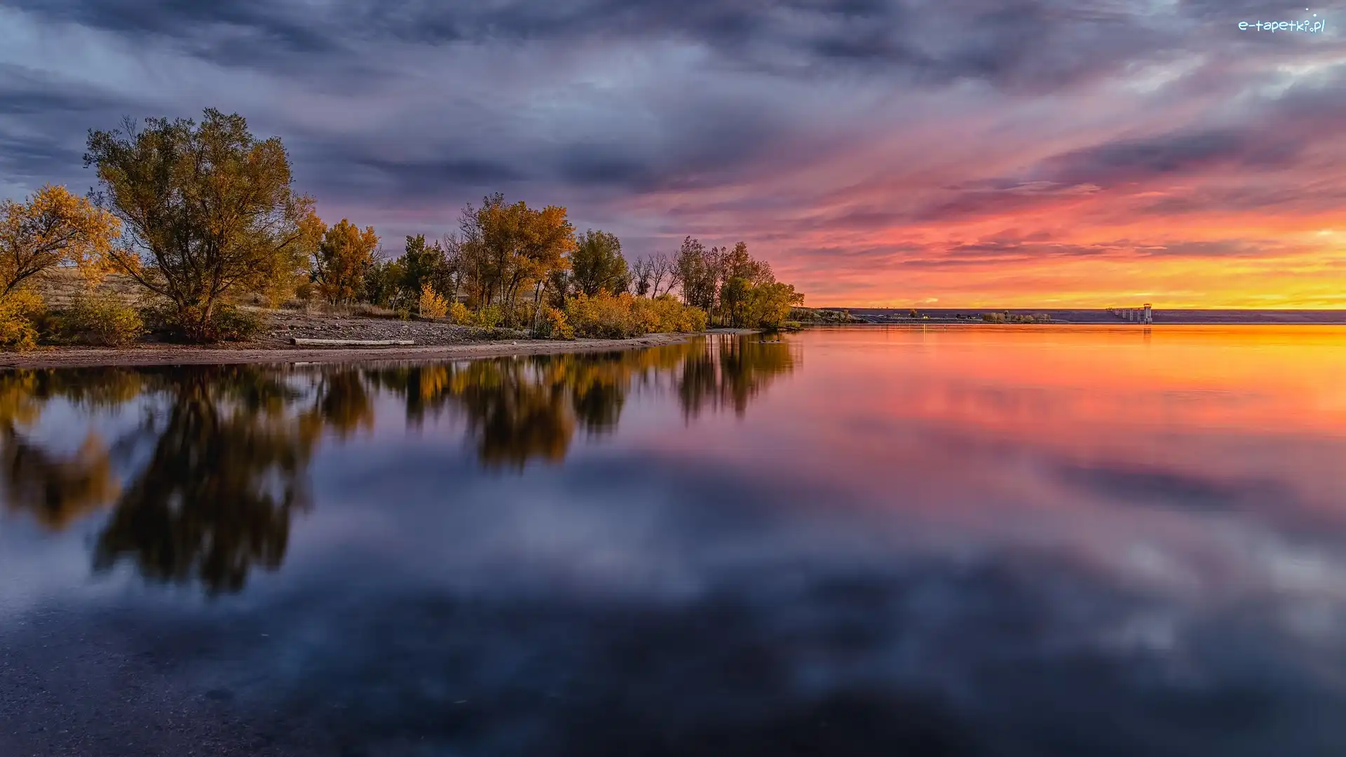 Stany Zjednoczone, Lake Chatfield, Drzewa, Jezioro, Wschód słońca, Kolorado, Park stanowy Chatfield