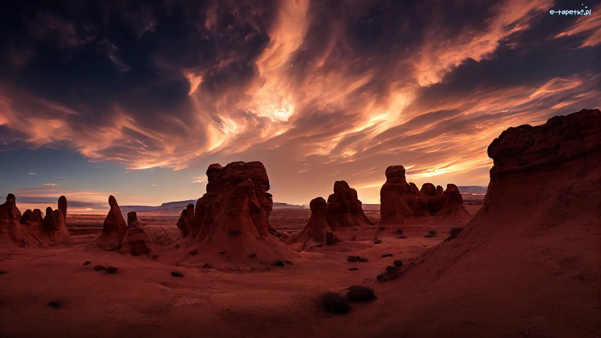 Skały, Utah, Zachód słońca, Chmury, Pustynia San Rafael, Dolina Goblinów, Goblin Valley State Park, Stany Zjednoczone