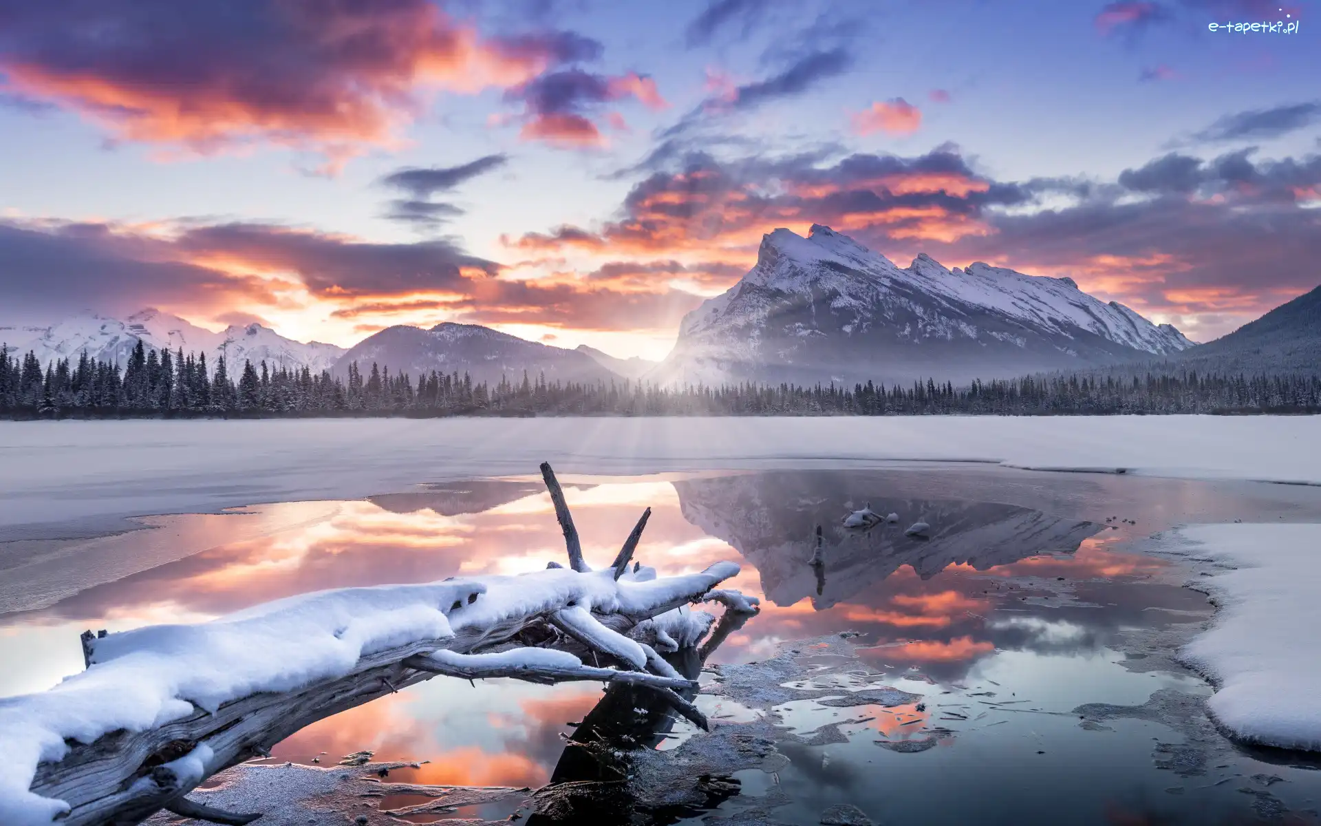 Park Narodowy Banff, Jezioro, Kanada, Drzewa, Śnieg, Góry, Las, Zima, Kłody, Alberta