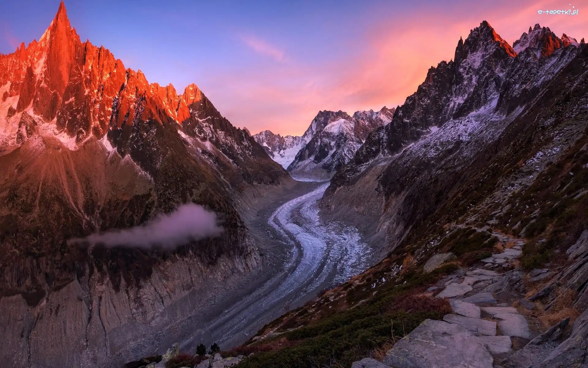 Mont Blanc, Alpy, Francja, Zachód słońca, Masyw, Lodowiec, Mer de Glace, Góry