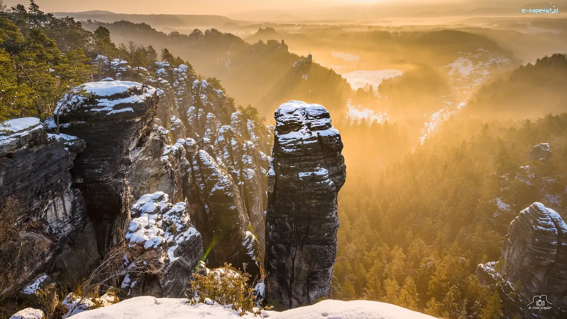 Drzewa, Schrammsteine, Śnieg, Góry Połabskie, Wschód słońca, Niemcy, Park Narodowy Saskiej Szwajcarii, Skały, Mgła