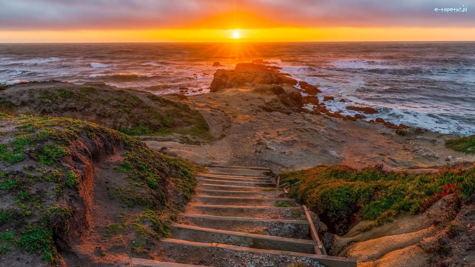 Plaża, Morze, Stany Zjednoczone, Kalifornia, Schody, Pescadero State Beach, Rośliny, Zachód słońca