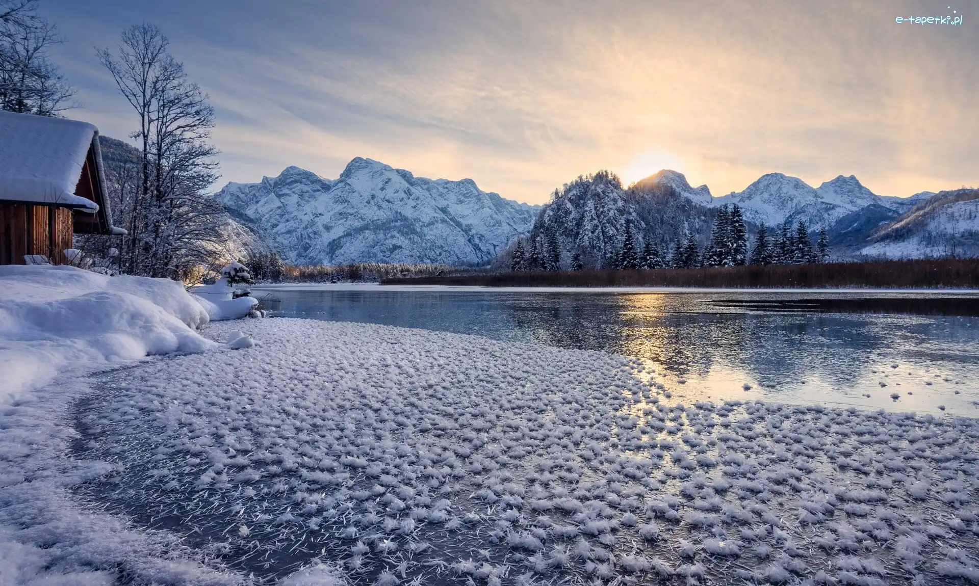 Austria, Góry, Drzewa, Jezioro Almsee, Zima, Wschód słońca, Dom
