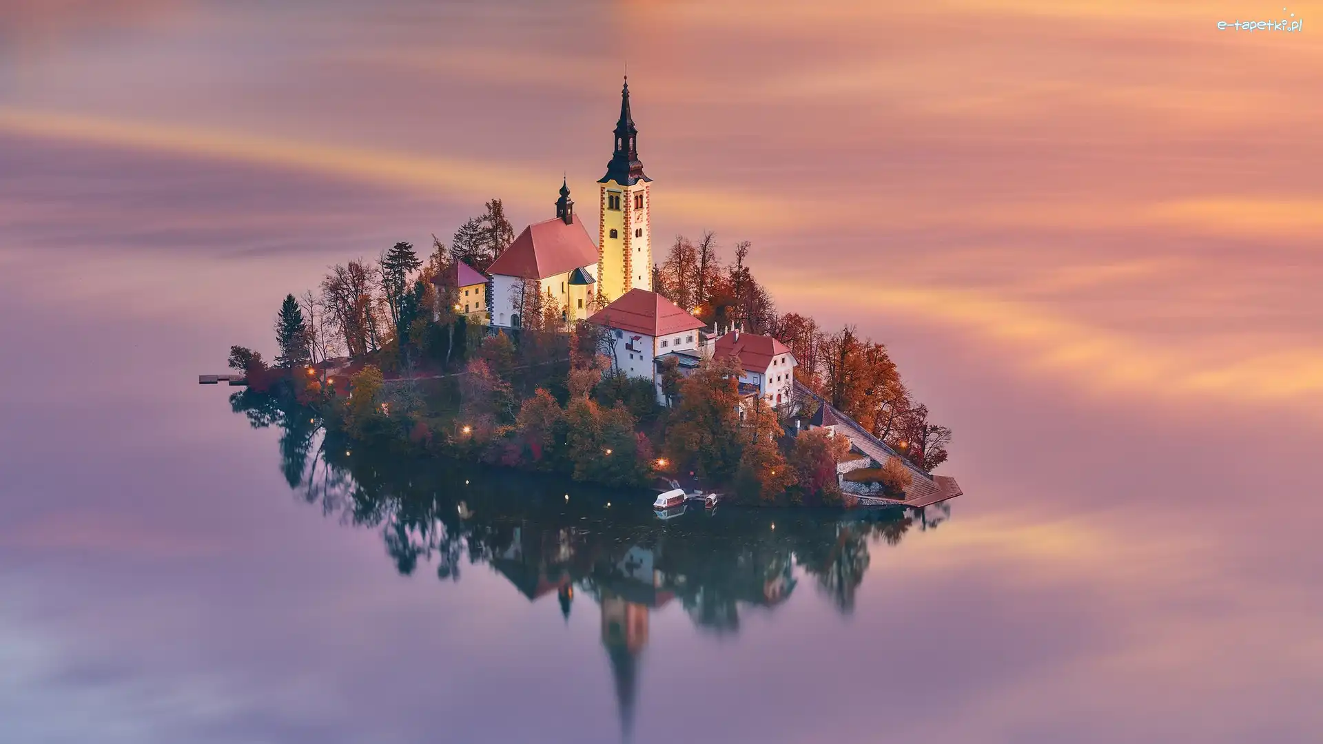 Drzewa, Wyspa, Blejski Otok, Jezioro Bled, Słowenia, Domy, Kościół