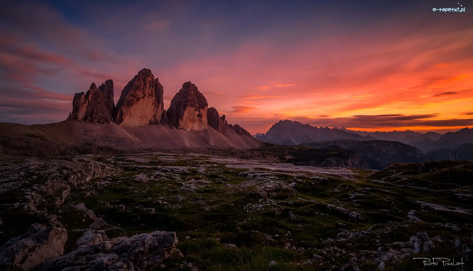 Włochy, Góry, Tre Cime di Lavaredo, Zachód słońca, Skały