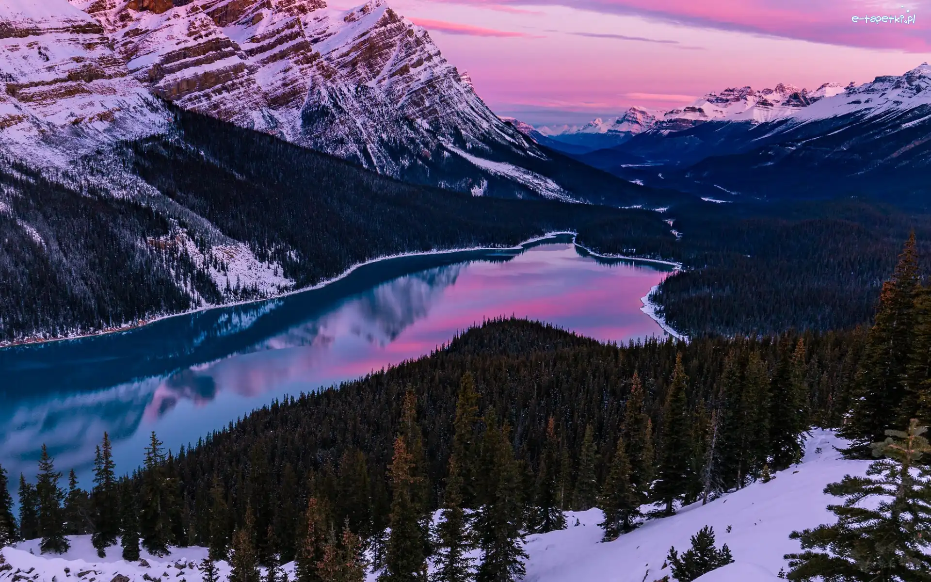 Chmury, Góry, Park Narodowy Banff, Lasy, Kanada, Peyto Lake, Canadian Rockies, Zima, Jezioro, Śnieg, Poranek, Alberta, Wschód słońca