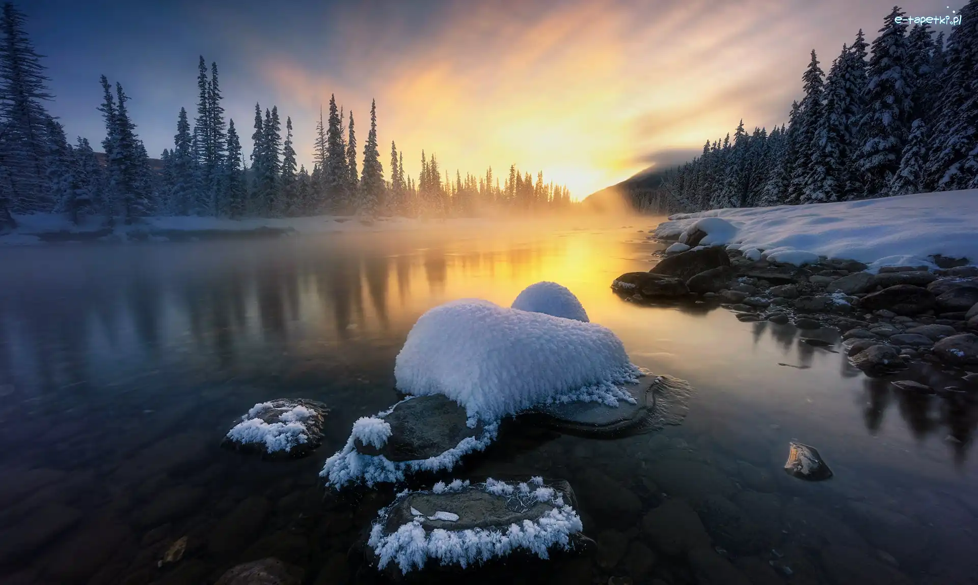 Park Narodowy Banff, Rzeka, Kanada, Mgła, Drzewa, Las, Wschód słońca, Zima, Bow River, Alberta