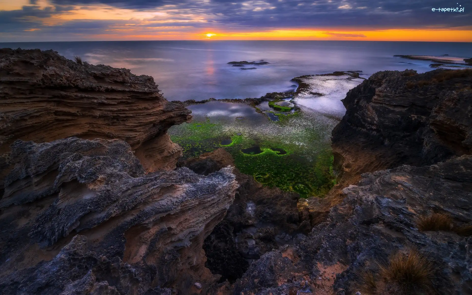 Zachód słońca, Morze, Skały, Wybrzeże, Cape Douglas, Australia