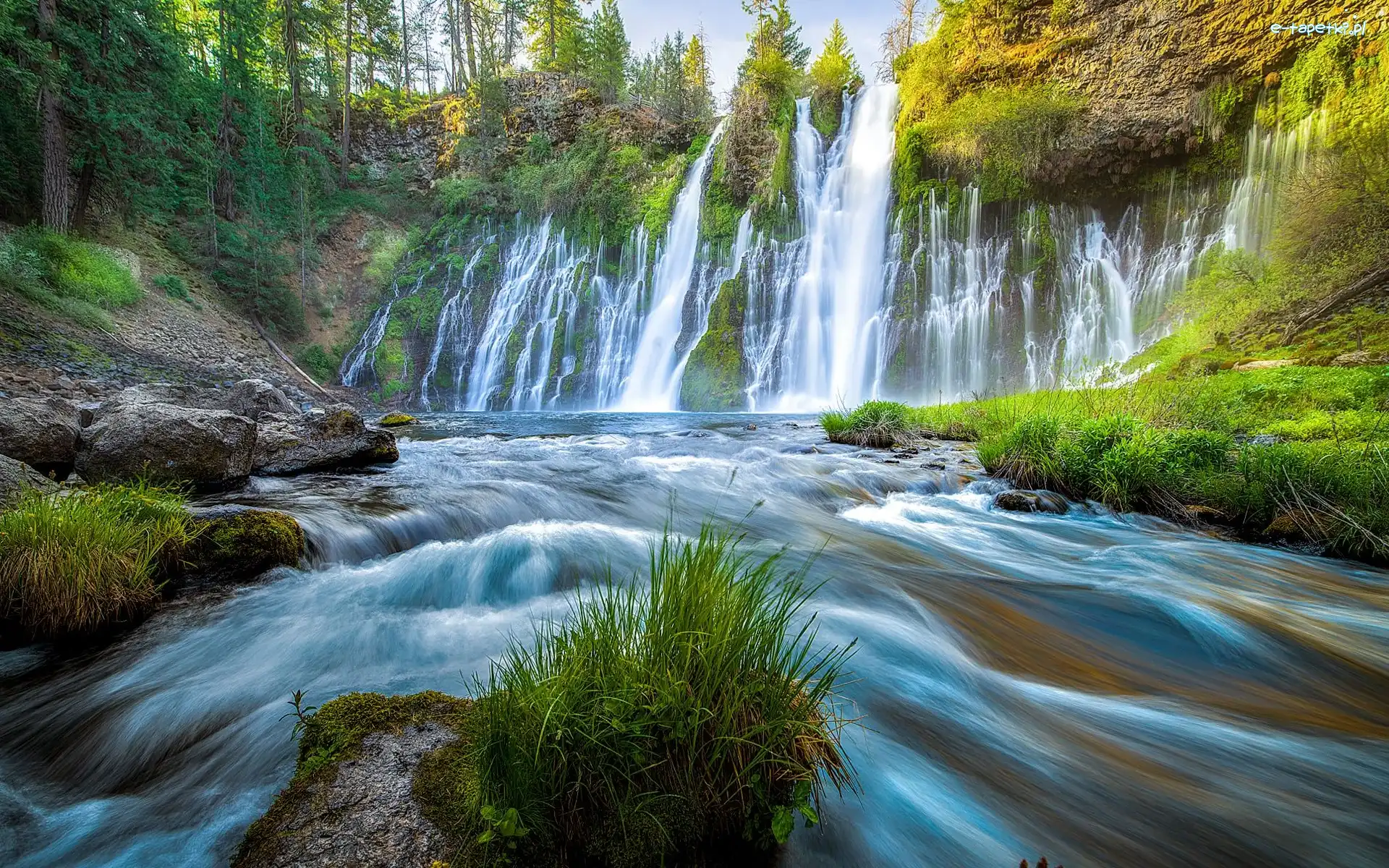 Rzeka, Burney Falls, Stany Zjednoczone, Stan Kalifornia, Drzewa, Park McArthur Burney Falls, Hrabstwo Shasta, Wodospad