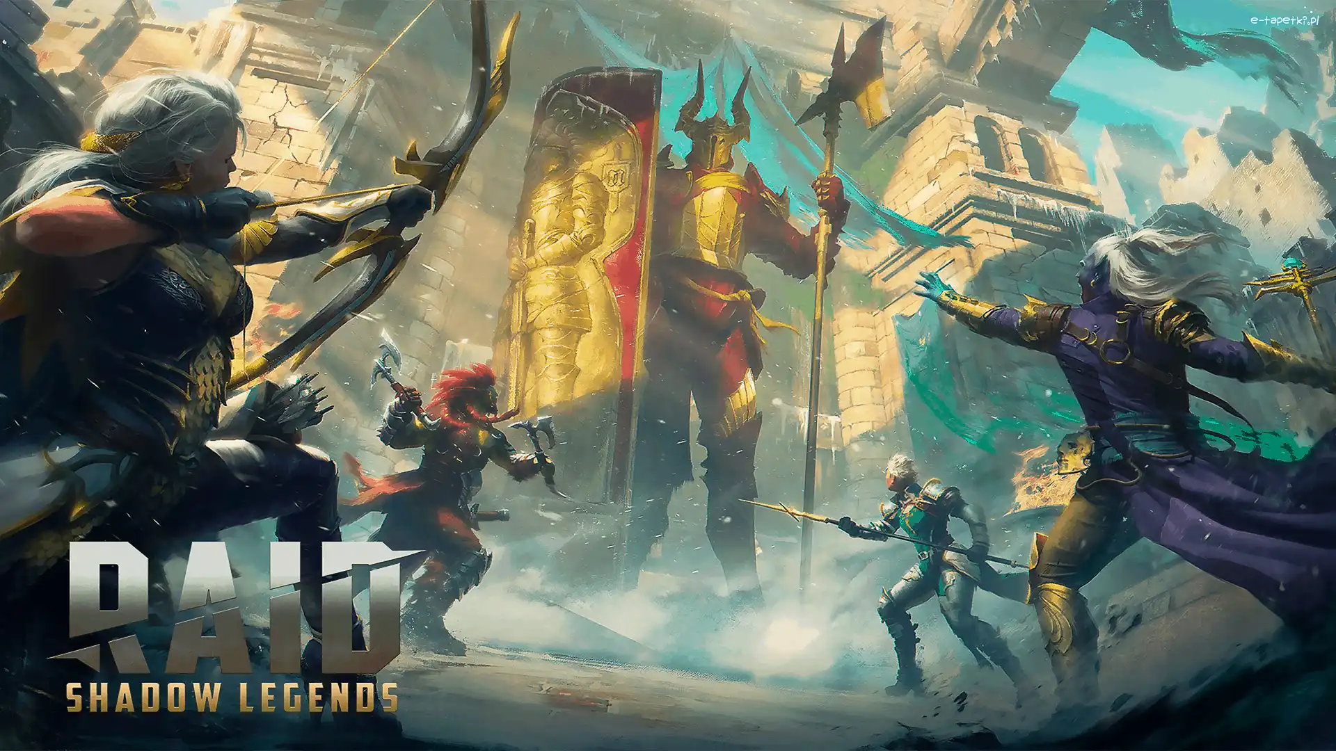 Tarcza, Raid Shadow Legends, Plakat, Topory, Rycerze, Broń, Łuk, Gra, Postacie, Walka
