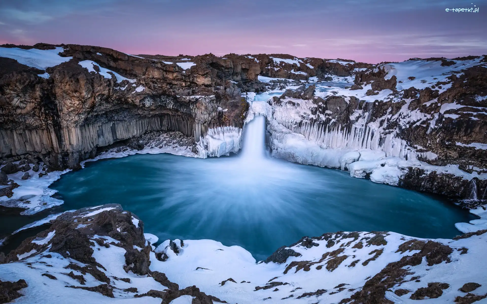 Zima, Aldeyjarfoss, Bazaltowe, Wodospad, Islandia, Rzeka Skjalfandafljot, Skały
