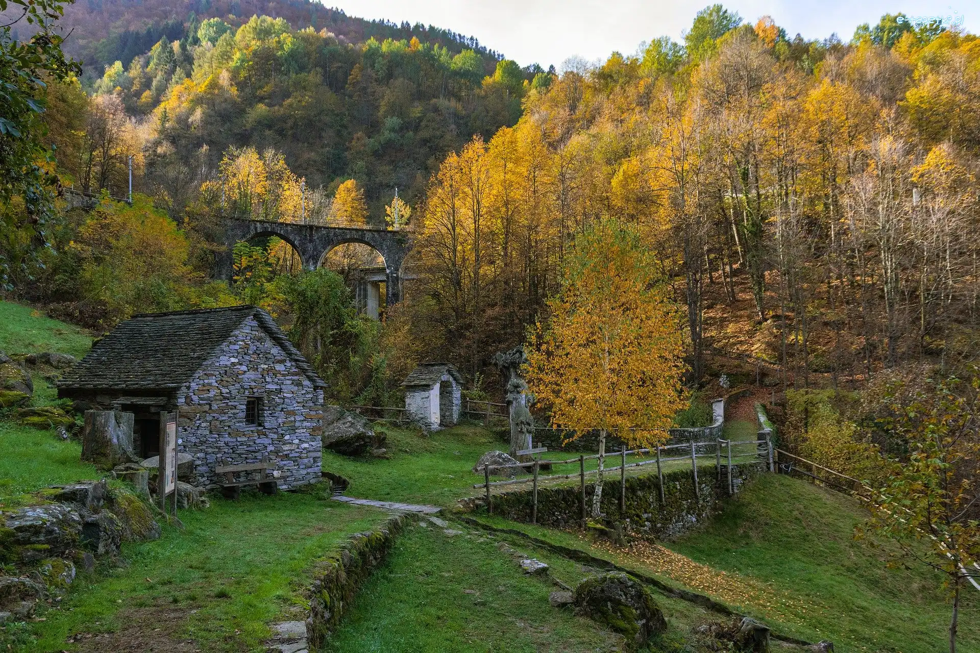 Dolina Vigezzo, Wiadukt, Dom, Włochy, Drzewa, Jesień
