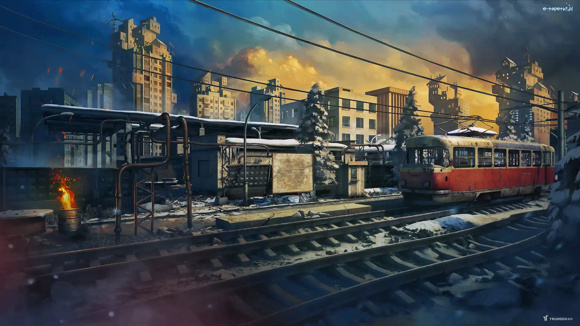 Peron, Atom RPG Trudograd, Plakat, Domy, Tory, Tramwaj, Ruiny, Gra