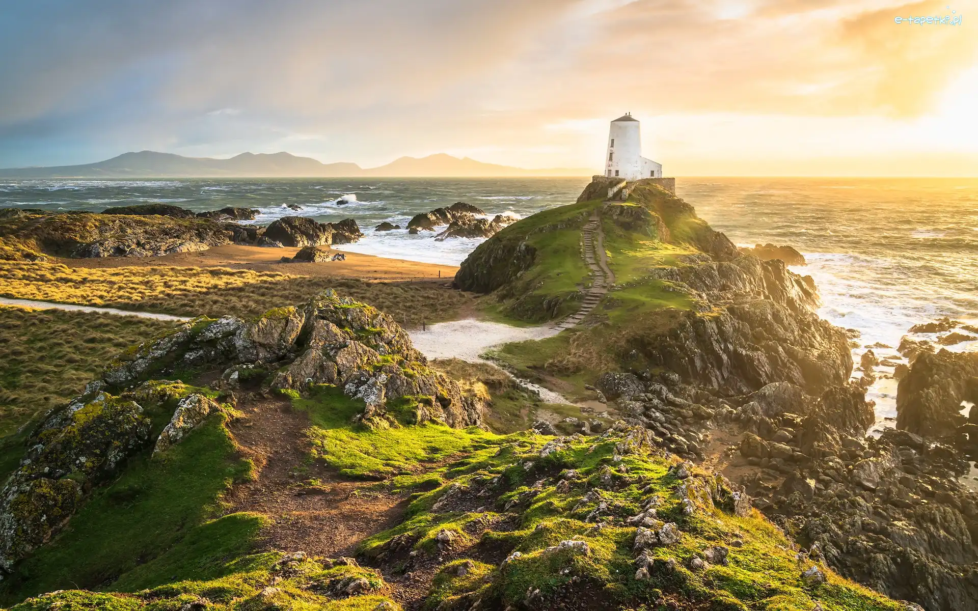 Latarnia morska, Ynys Llanddwyn, Morze, Walia, Wielka Brytania, Skały, Schody, Wyspa, Twr Mawr