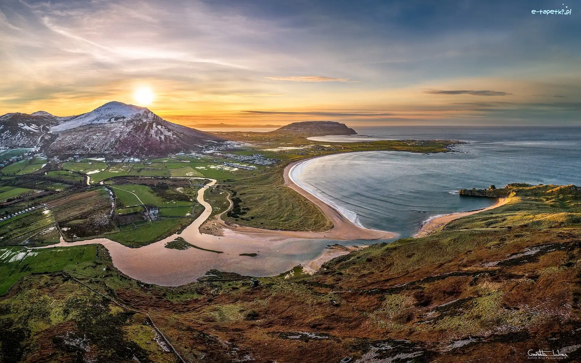Zachód słońca, Hrabstwo Donegal, Zatoka, Tullagh Bay, Morze, Wybrzeże, Zatoka, Irlandia, Clonmany, Wzgórza