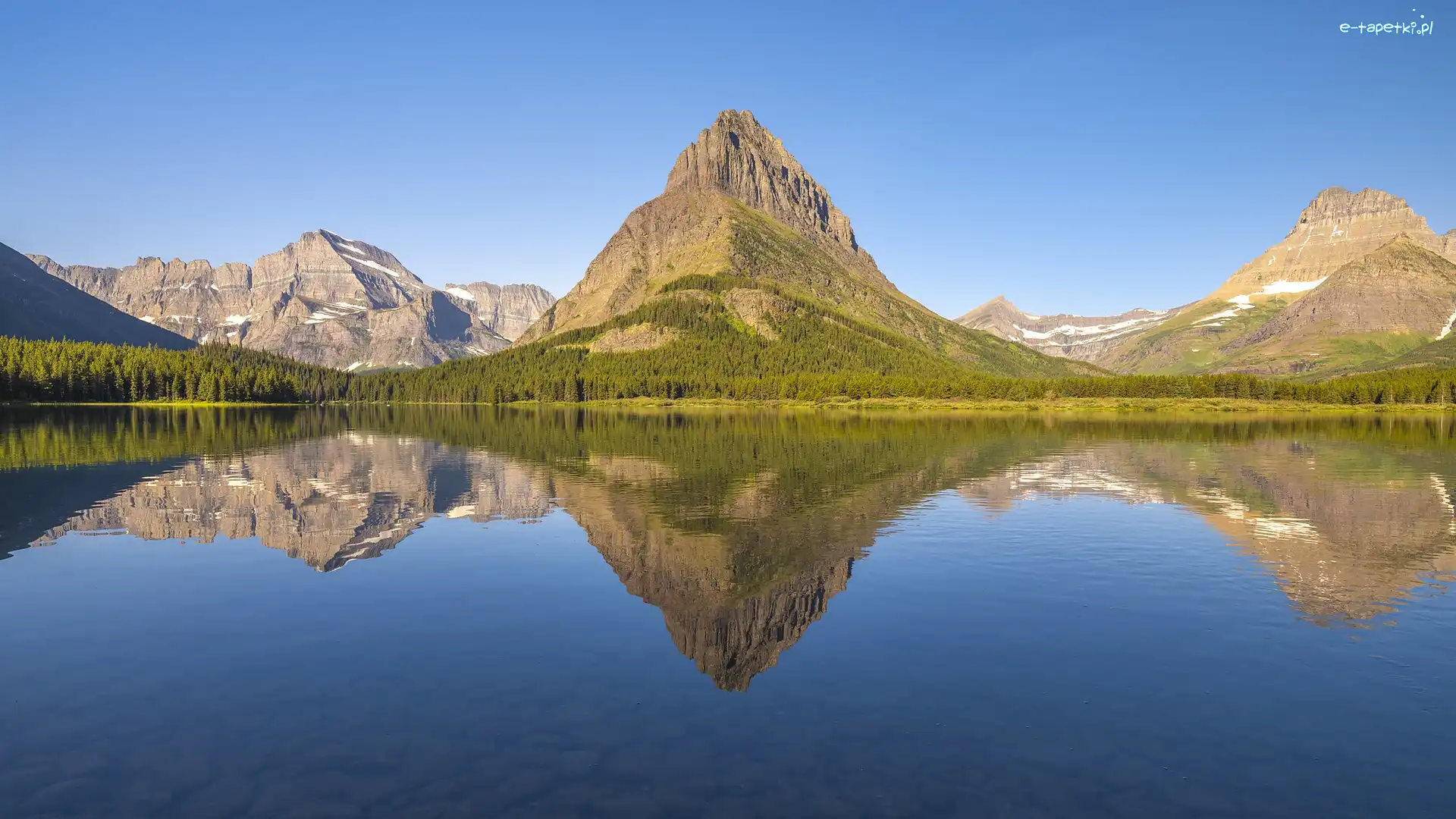 Góry, Swiftcurrent Lake, Stany Zjednoczone, Stan Montana, Park Narodowy Glacier, Drzewa, Odbicie, Jezioro