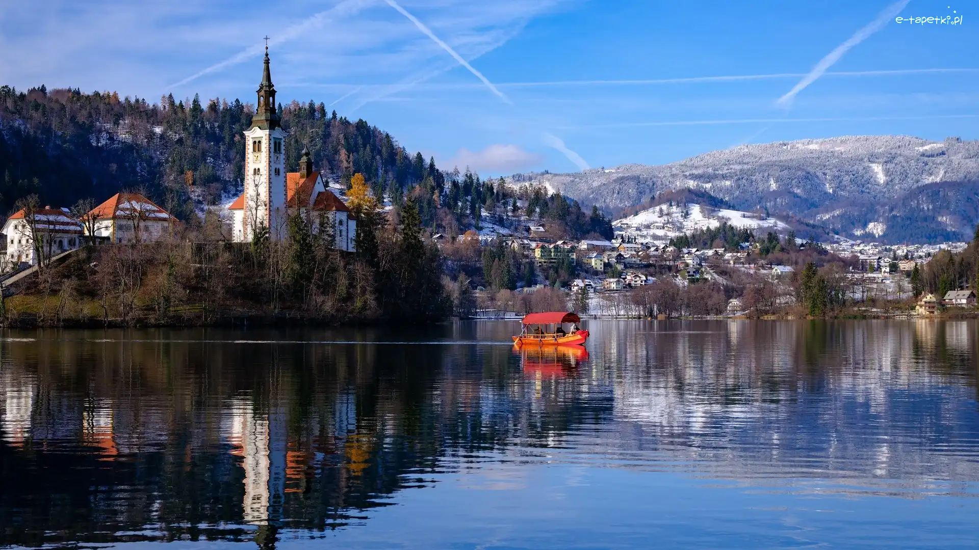 Słowenia, Kościół Zwiastowania Marii Panny, Łódka, Alpy Julijskie, Góry, Lake Bled, Jezioro