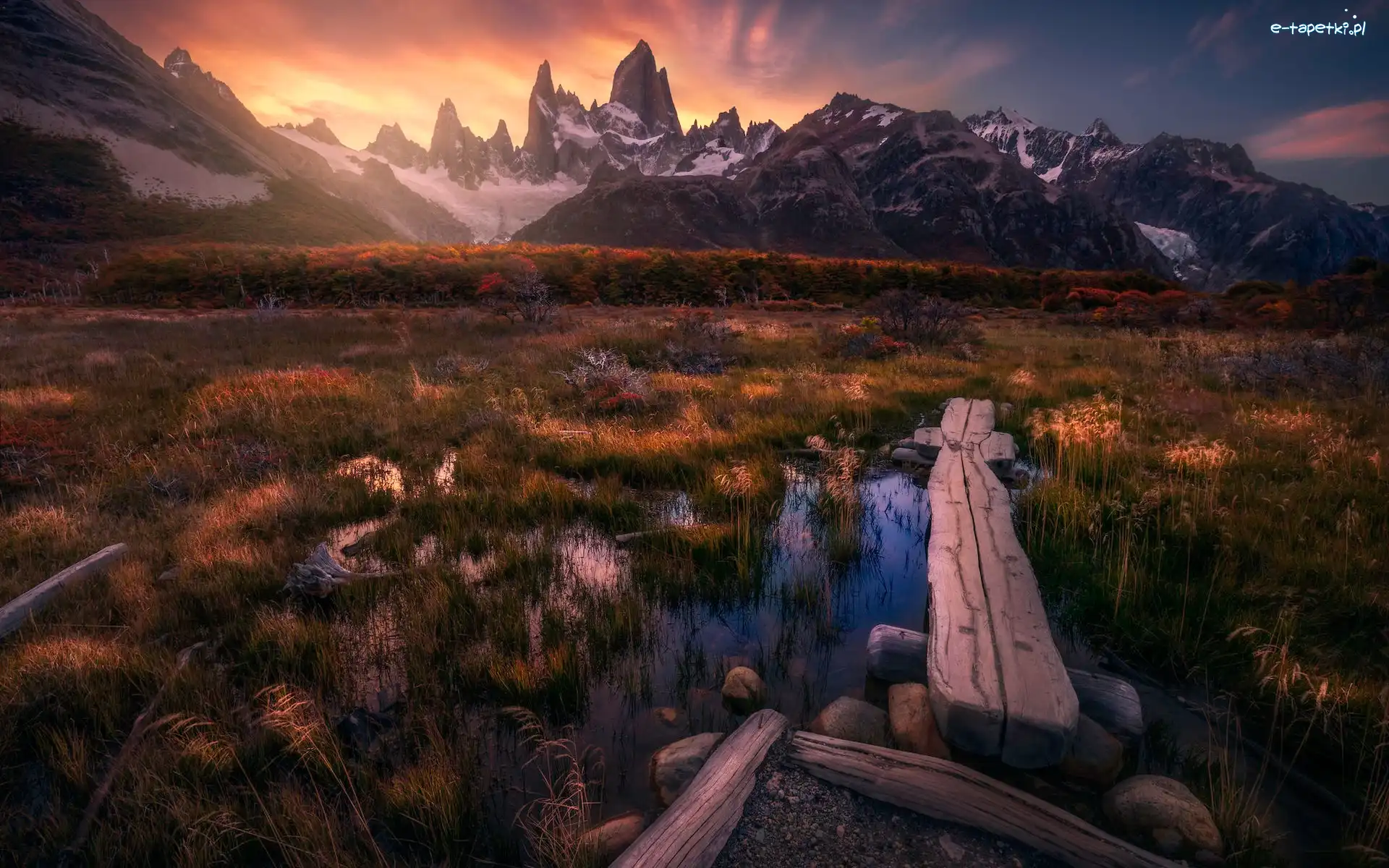 Kładka, Góry Andy, Fitz Roy, Patagonia, Argentyna, Mokradła, Jesień