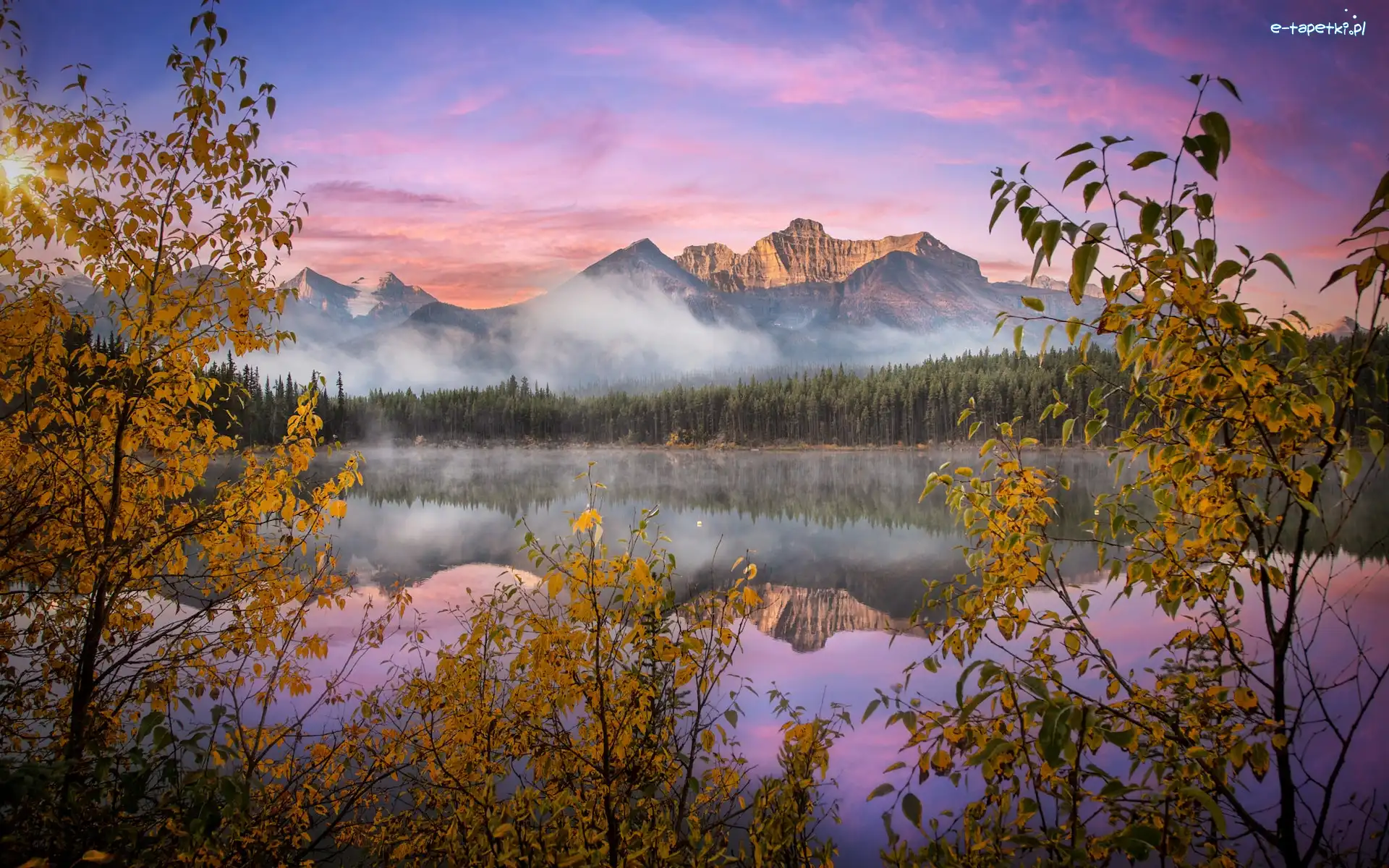 Herbert Lake, Jezioro, Góry, Park Narodowy Banff, Kanada, Drzewa, Jesień, Canadian Rockies, Mgła