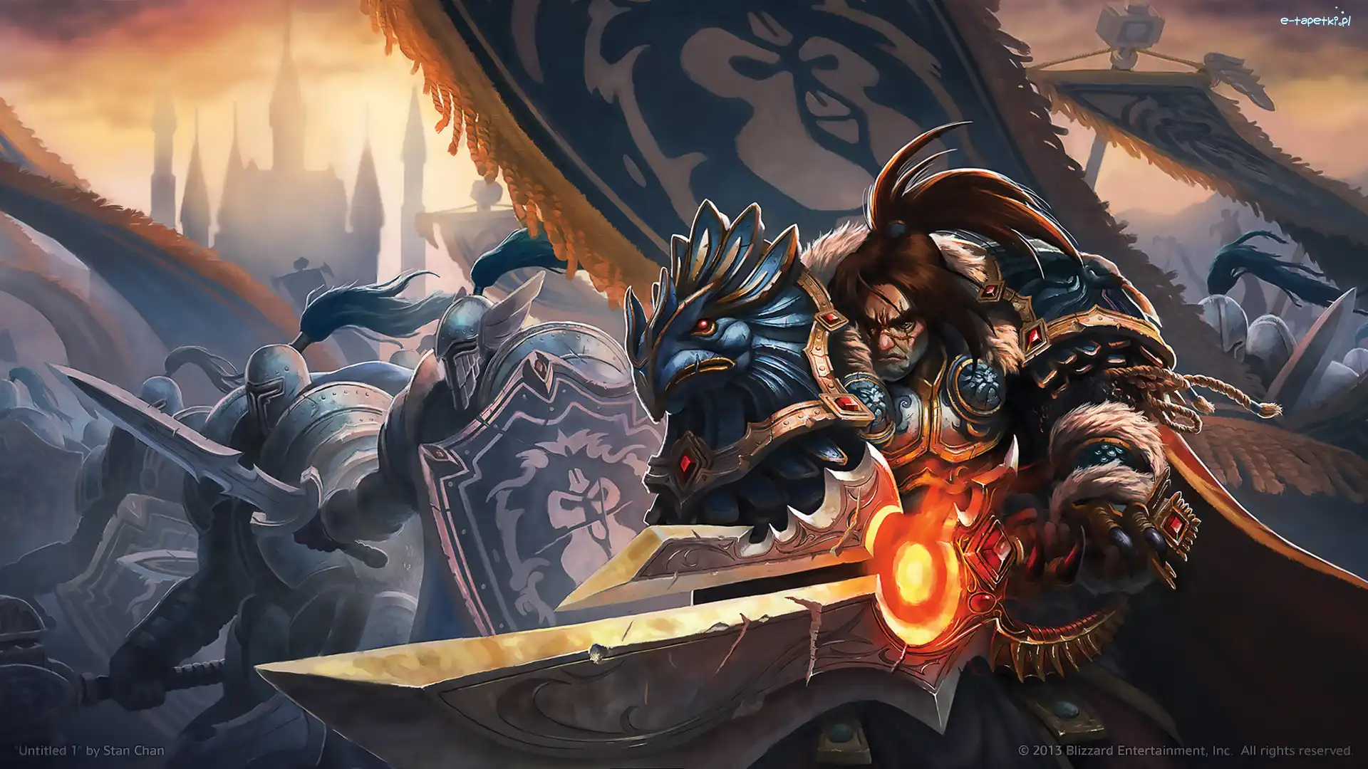 Ptak, Varian Wrynn, Postać, World of Warcraft, Gra, Walka, Rycerze, Król, Sztandary