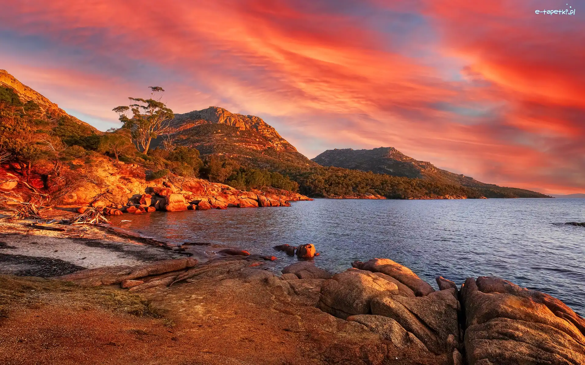 Góry, Tasmania, Zachód słońca, Drzewa, Park Narodowy Freycineta, Morze, Wybrzeże, Australia