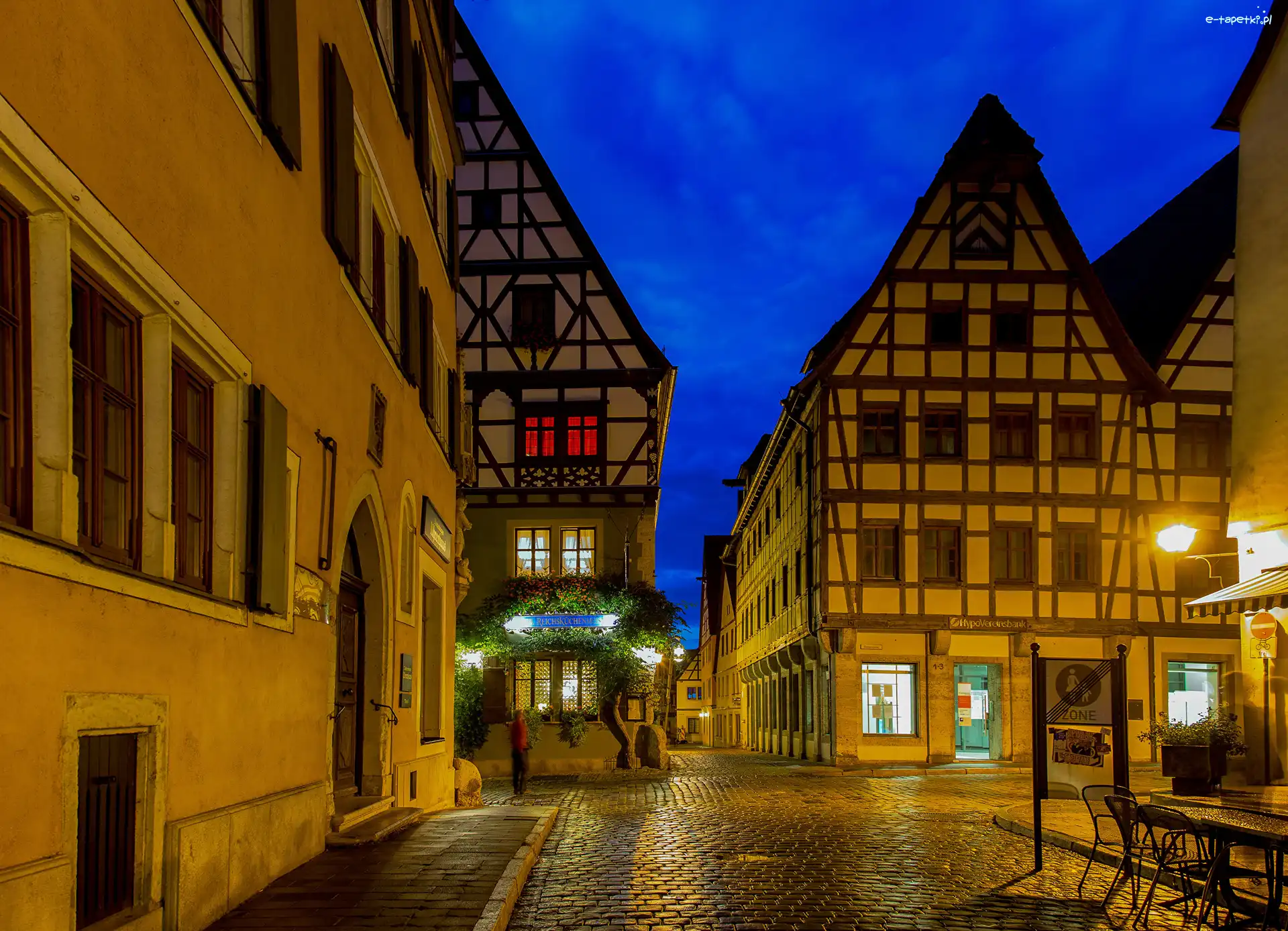 Rothenburg, Latarnia, Noc, Niemcy, Ulica, Domy