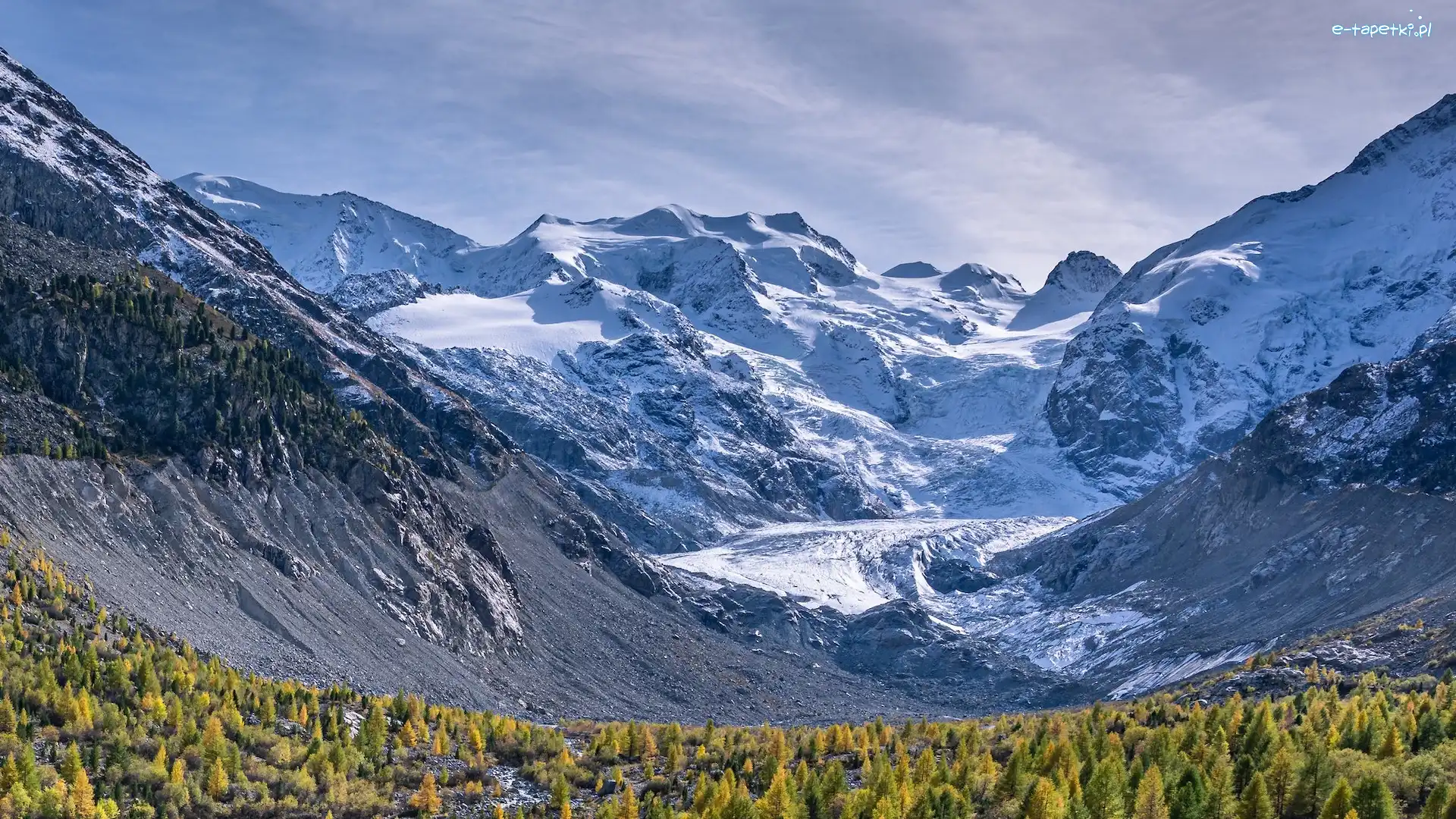 Morteratsch Glacier, Alpy, Lodowiec, Drzewa, Góry, Szwajcaria