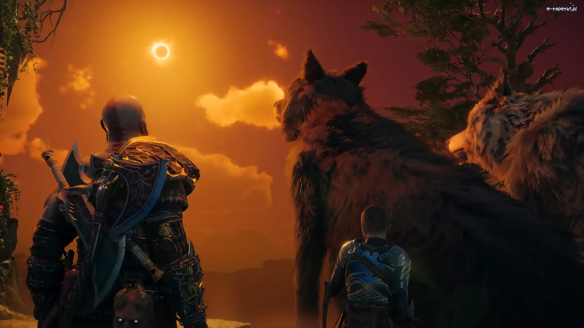 Zaćmienie słońca, Postaci, Kratos, God of War Ragnarok, Gra, Wilki, Atreus